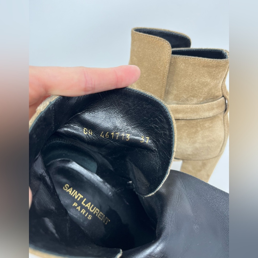 Saint Laurent Babies 90 Cross Ankle Boot Tan /Taupe Suede Block Heel YSL logo 37 - Picture 5 of 10